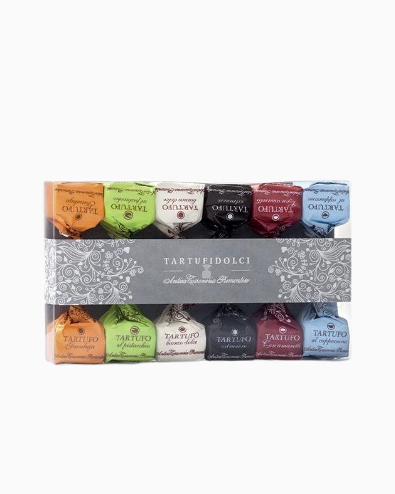 12 Tartufis im Set in 6 verschiedenen  Sorten farblich schön verpackt. Bei SayFlower als Geschenk kaufen. 